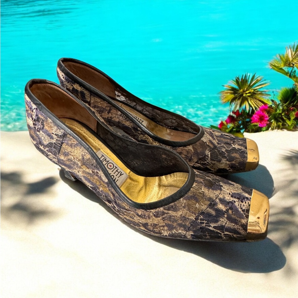 Timothy Hitsman size 9 sheer animal print square gold toe cap chunky heel